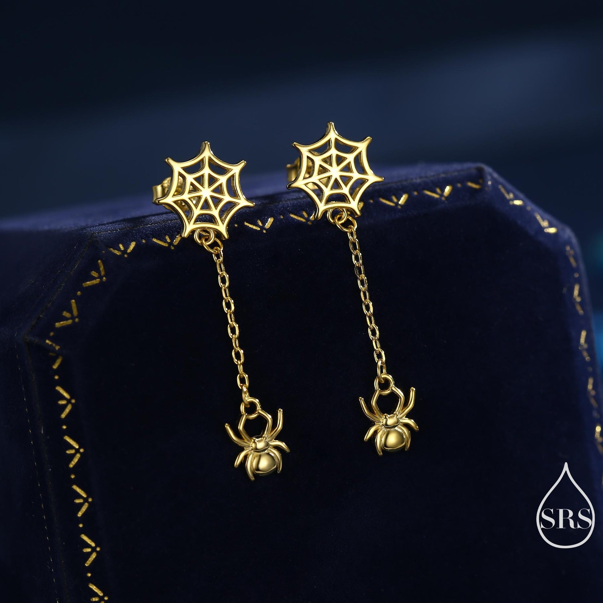 Dangling Spider and Spider Web Stud Earrings in Sterling Silver, Silver or Gold or Rose Gold, Nature Inspired, Insect Earrings