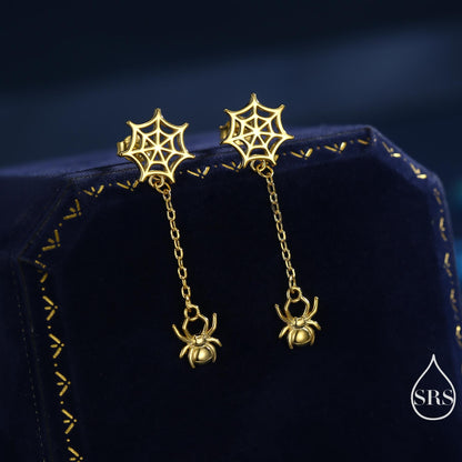 Dangling Spider and Spider Web Stud Earrings in Sterling Silver, Silver or Gold or Rose Gold, Nature Inspired, Insect Earrings