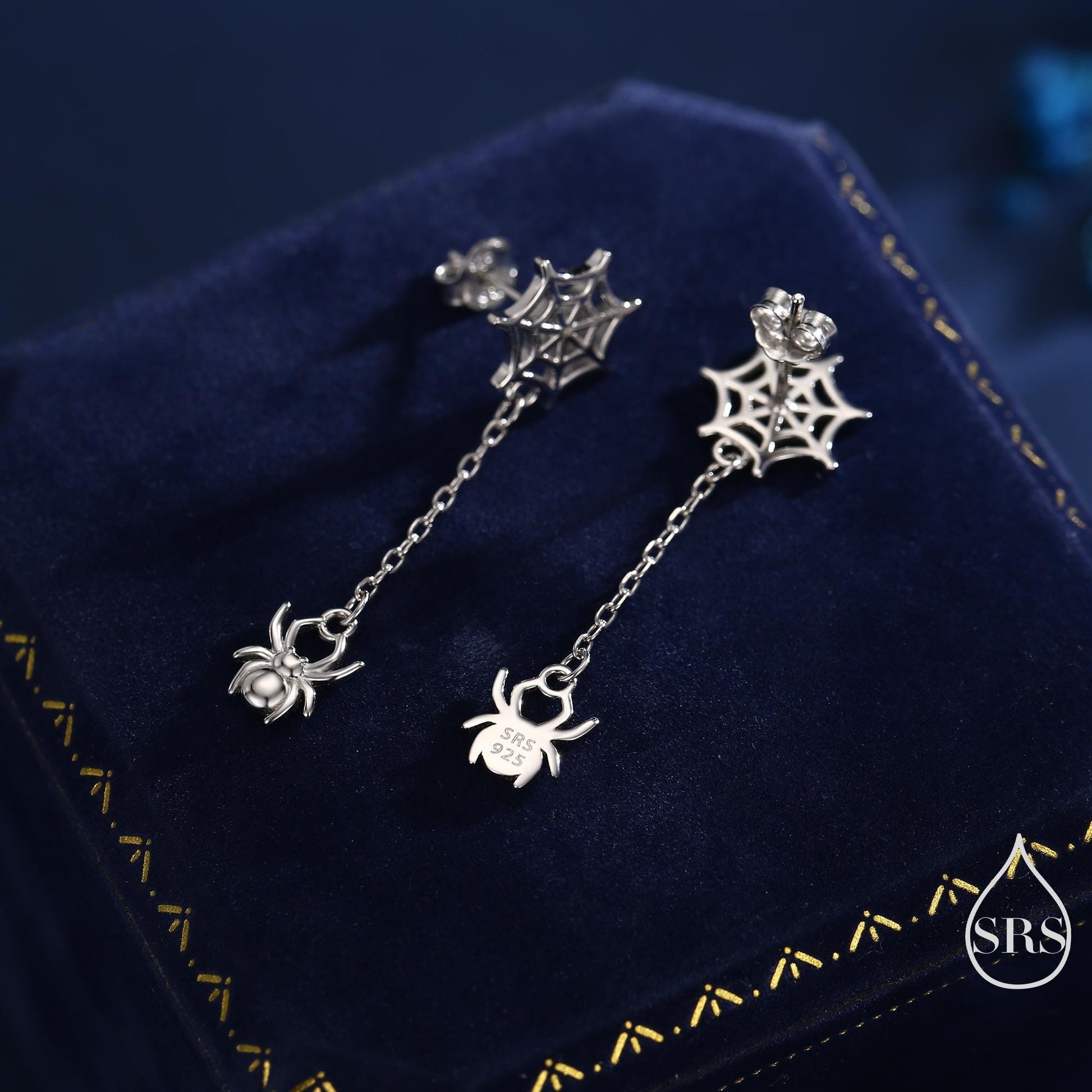 Dangling Spider and Spider Web Stud Earrings in Sterling Silver, Silver or Gold or Rose Gold, Nature Inspired, Insect Earrings