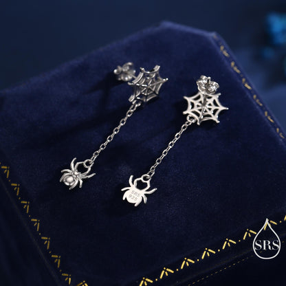 Dangling Spider and Spider Web Stud Earrings in Sterling Silver, Silver or Gold or Rose Gold, Nature Inspired, Insect Earrings