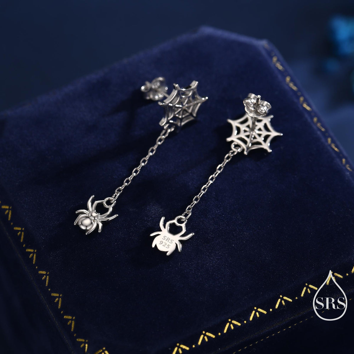 Dangling Spider and Spider Web Stud Earrings in Sterling Silver, Silver or Gold or Rose Gold, Nature Inspired, Insect Earrings