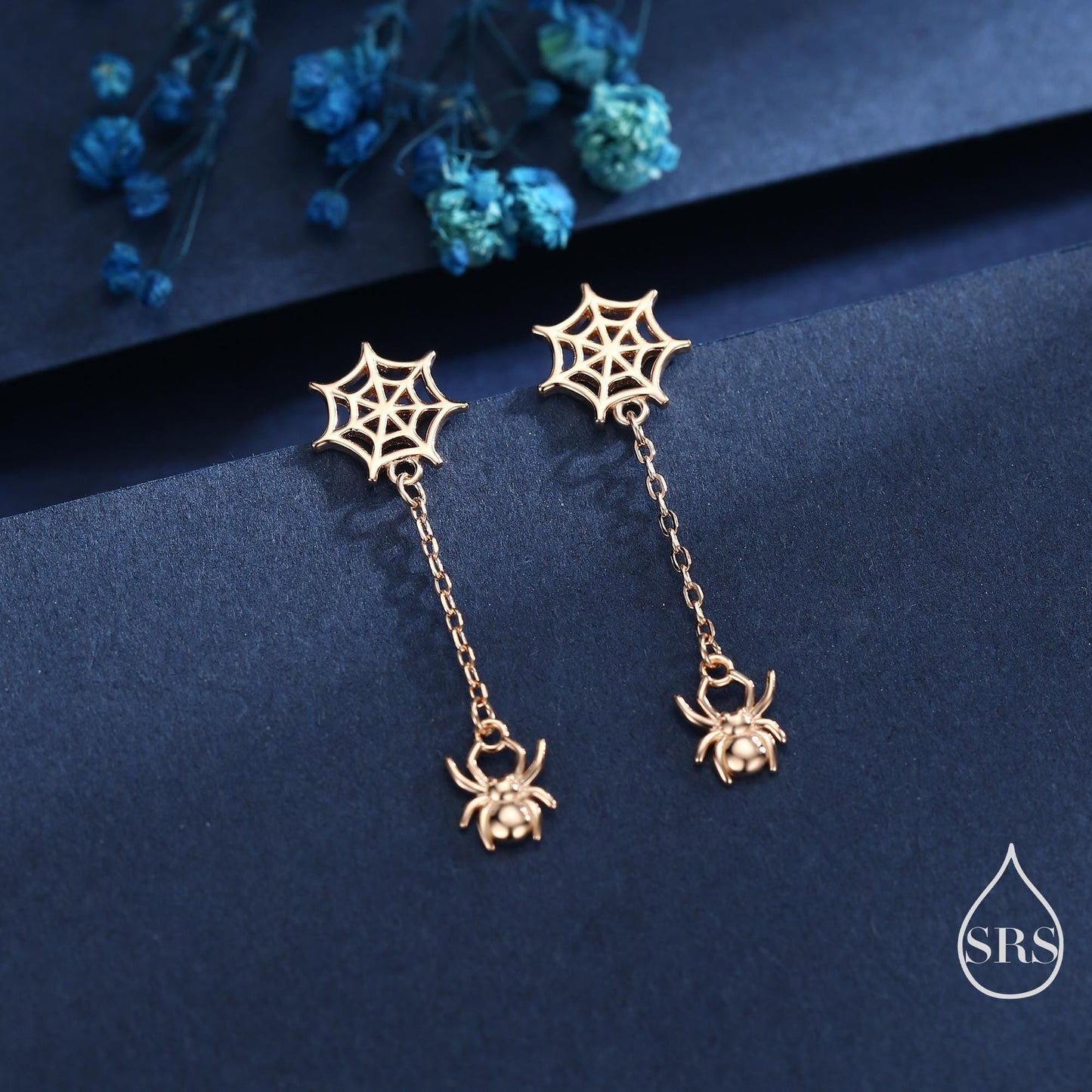 Dangling Spider and Spider Web Stud Earrings in Sterling Silver, Silver or Gold or Rose Gold, Nature Inspired, Insect Earrings