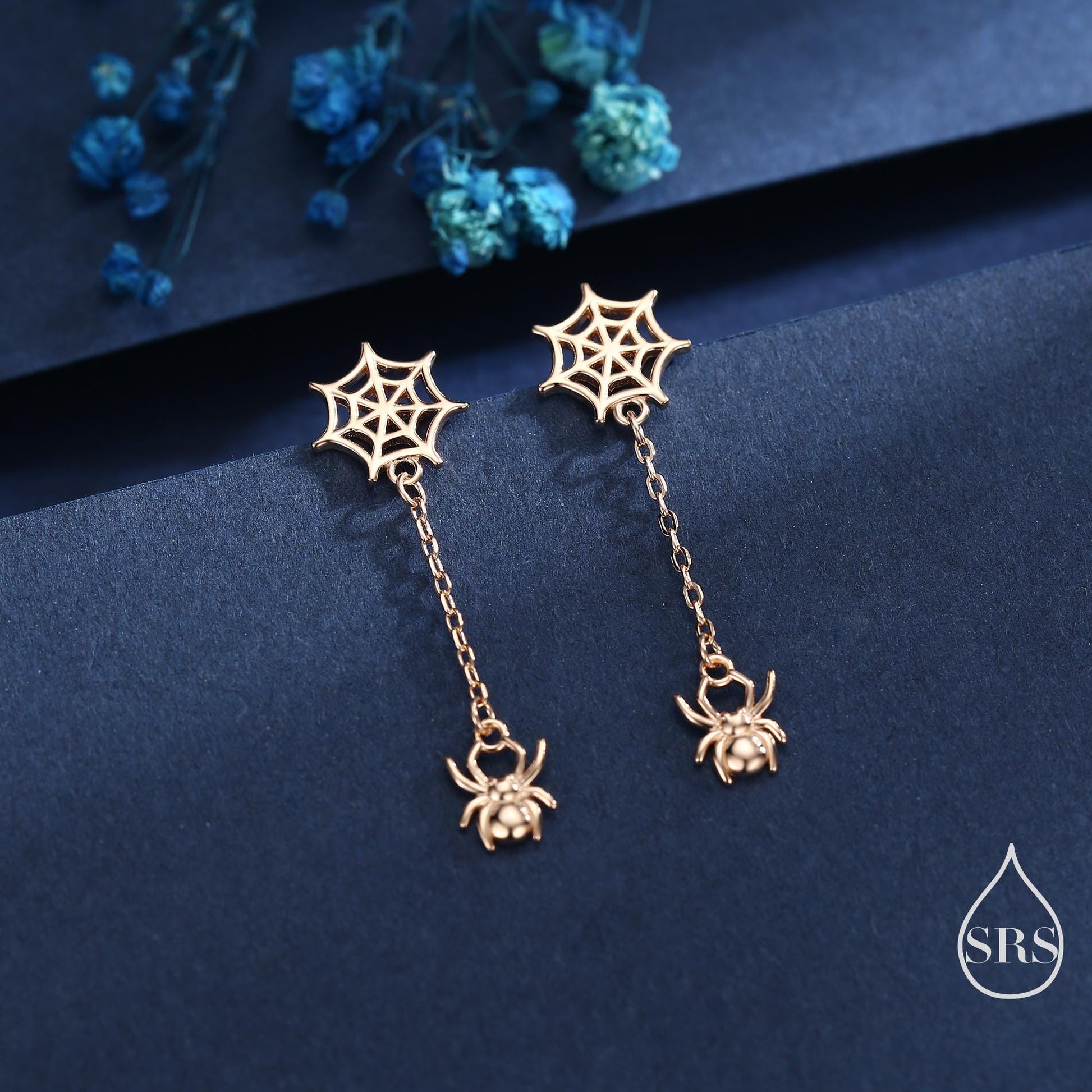 Dangling Spider and Spider Web Stud Earrings in Sterling Silver, Silver or Gold or Rose Gold, Nature Inspired, Insect Earrings