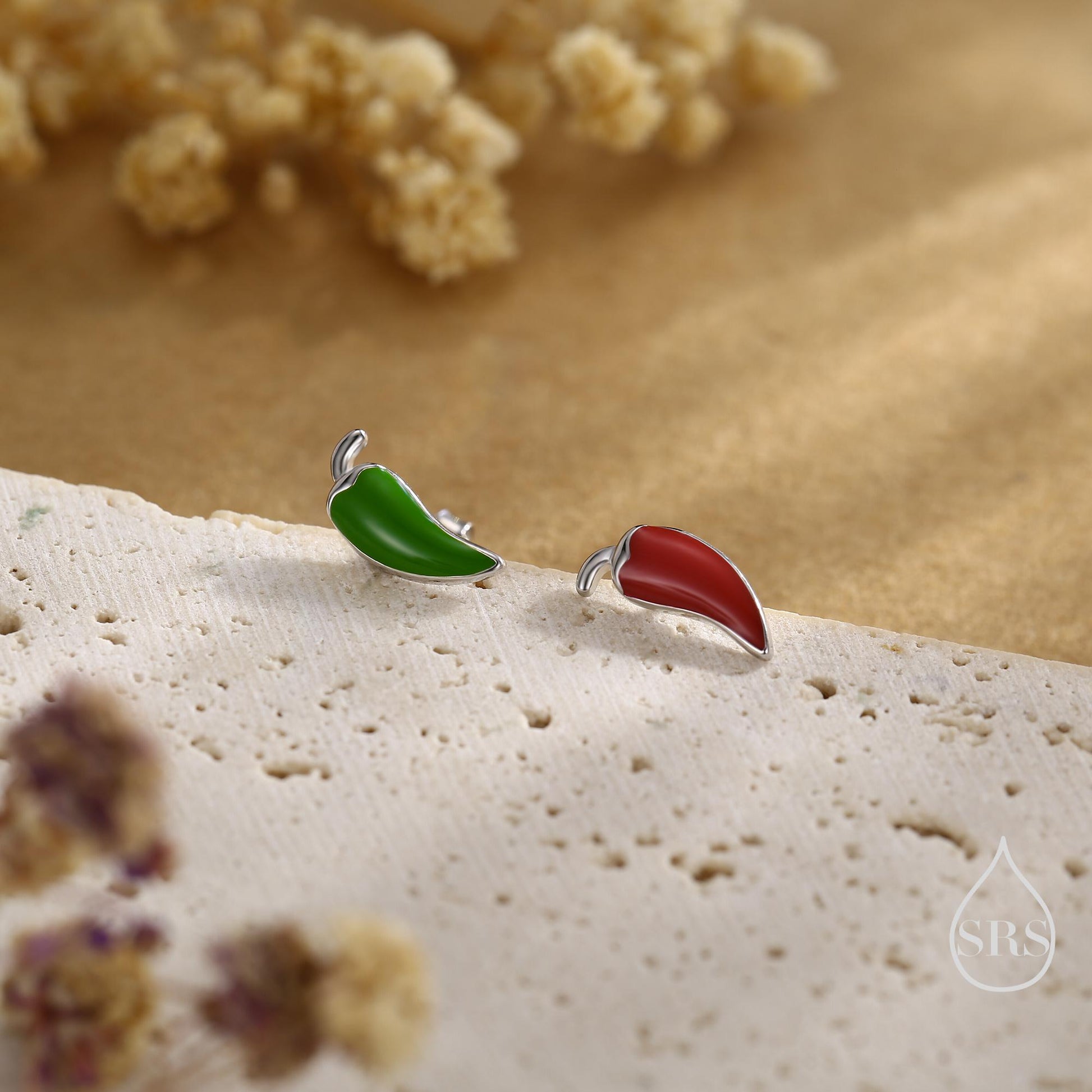 Enamel Chilli Pepper Stud Earrings in Sterling Silver, Green Chilli or Red Chilli Earrings, Chilli Pepper Earrings