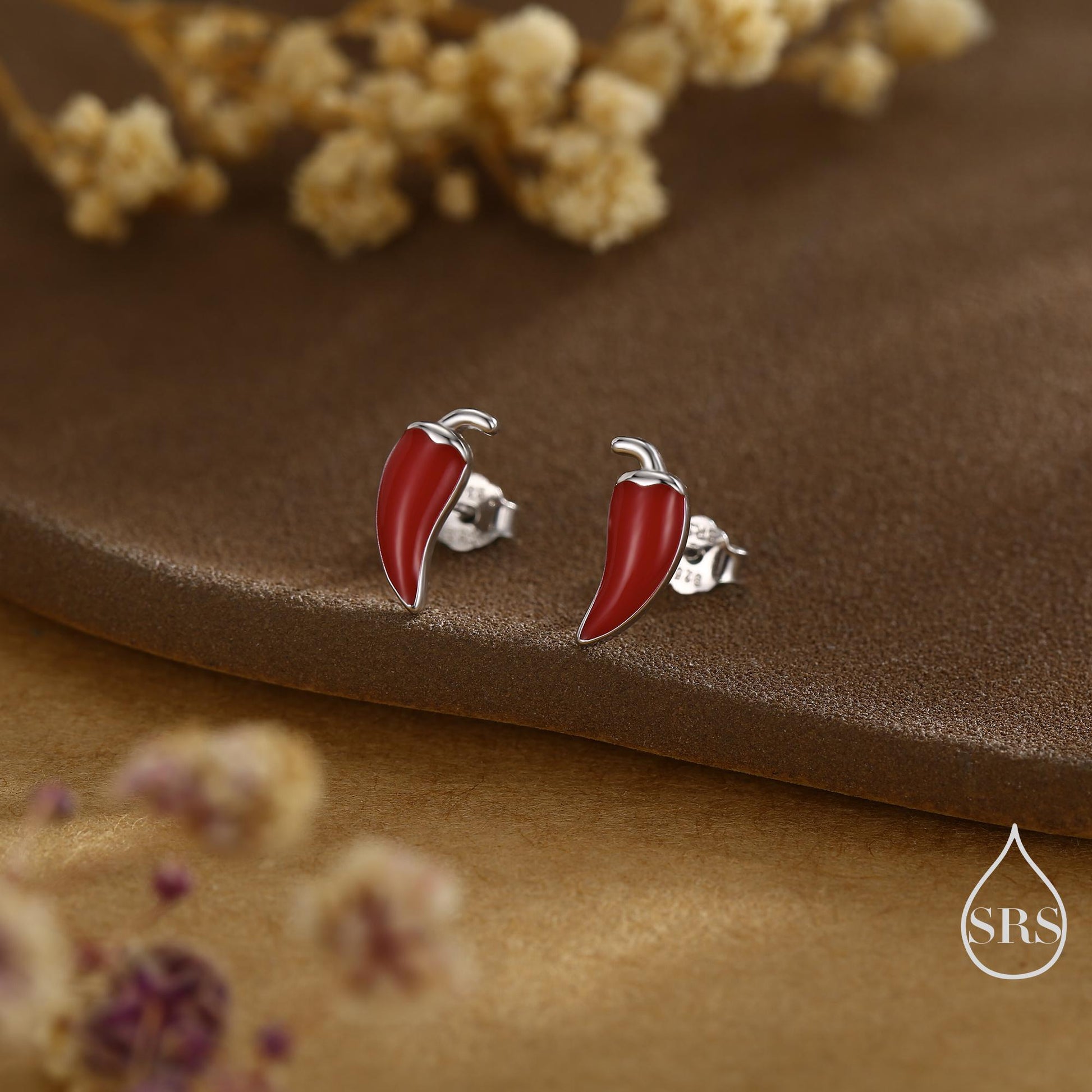 Enamel Chilli Pepper Stud Earrings in Sterling Silver, Green Chilli or Red Chilli Earrings, Chilli Pepper Earrings
