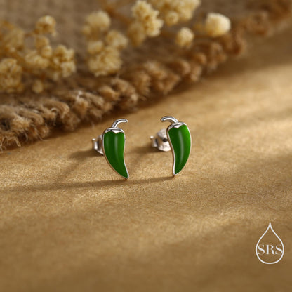 Enamel Chilli Pepper Stud Earrings in Sterling Silver, Green Chilli or Red Chilli Earrings, Chilli Pepper Earrings