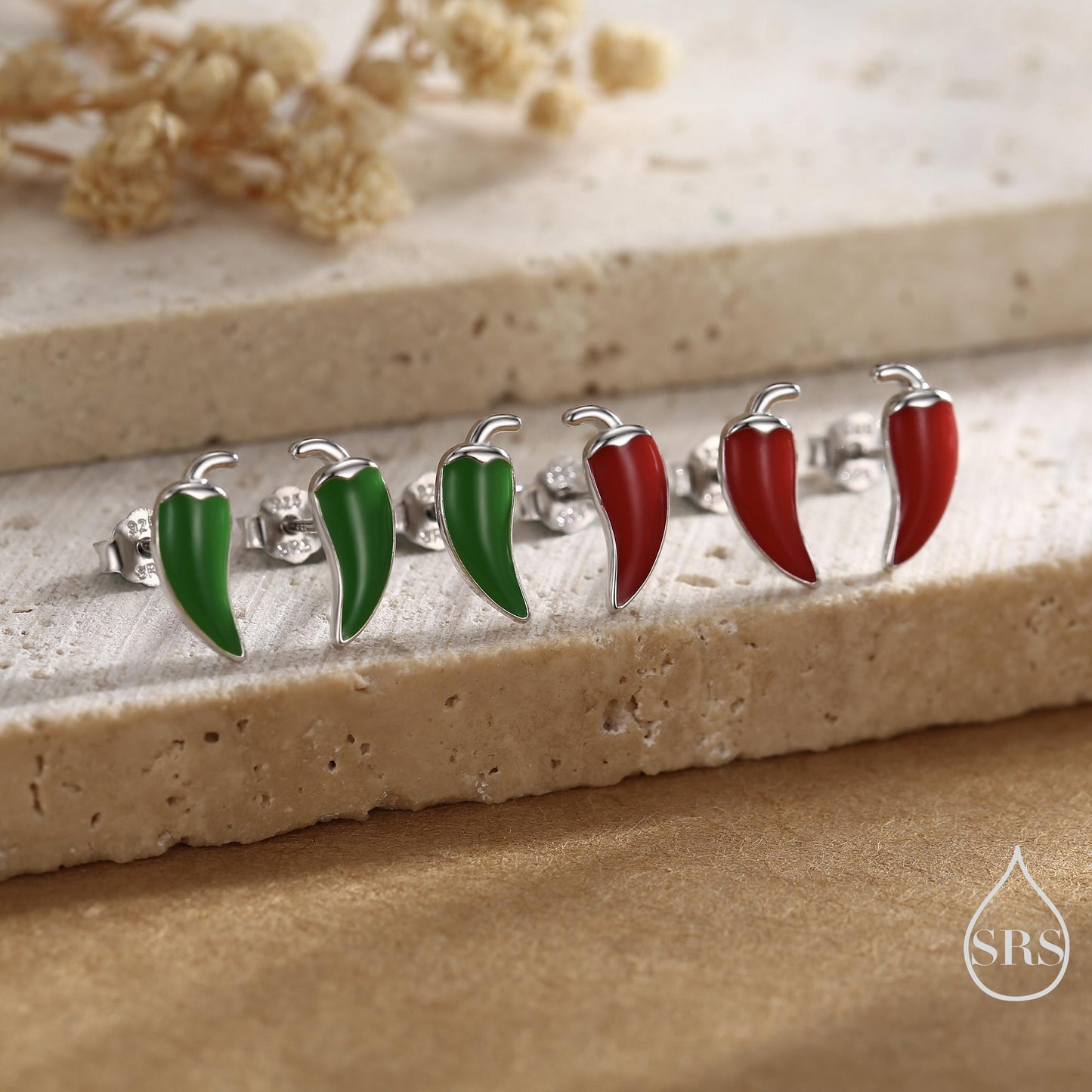 Enamel Chilli Pepper Stud Earrings in Sterling Silver, Green Chilli or Red Chilli Earrings, Chilli Pepper Earrings