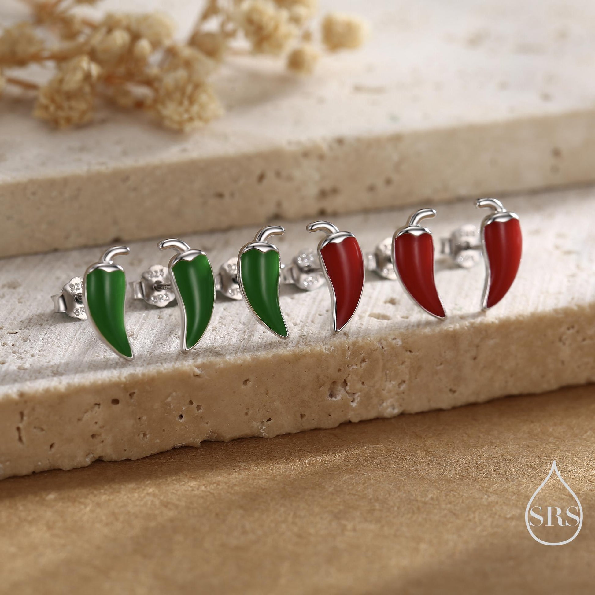 Enamel Chilli Pepper Stud Earrings in Sterling Silver, Green Chilli or Red Chilli Earrings, Chilli Pepper Earrings