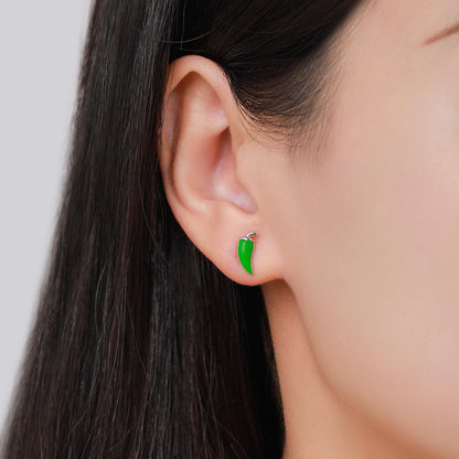 Enamel Chilli Pepper Stud Earrings in Sterling Silver, Green Chilli or Red Chilli Earrings, Chilli Pepper Earrings