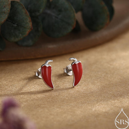 Enamel Chilli Pepper Stud Earrings in Sterling Silver, Green Chilli or Red Chilli Earrings, Chilli Pepper Earrings