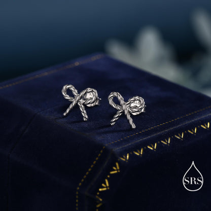 Braided Ribbon Bow Stud Earrings in Sterling Silver, Available in Silver, Gold or Rose Gold, Ribbon Earrings, Ribbon Bow Earrings