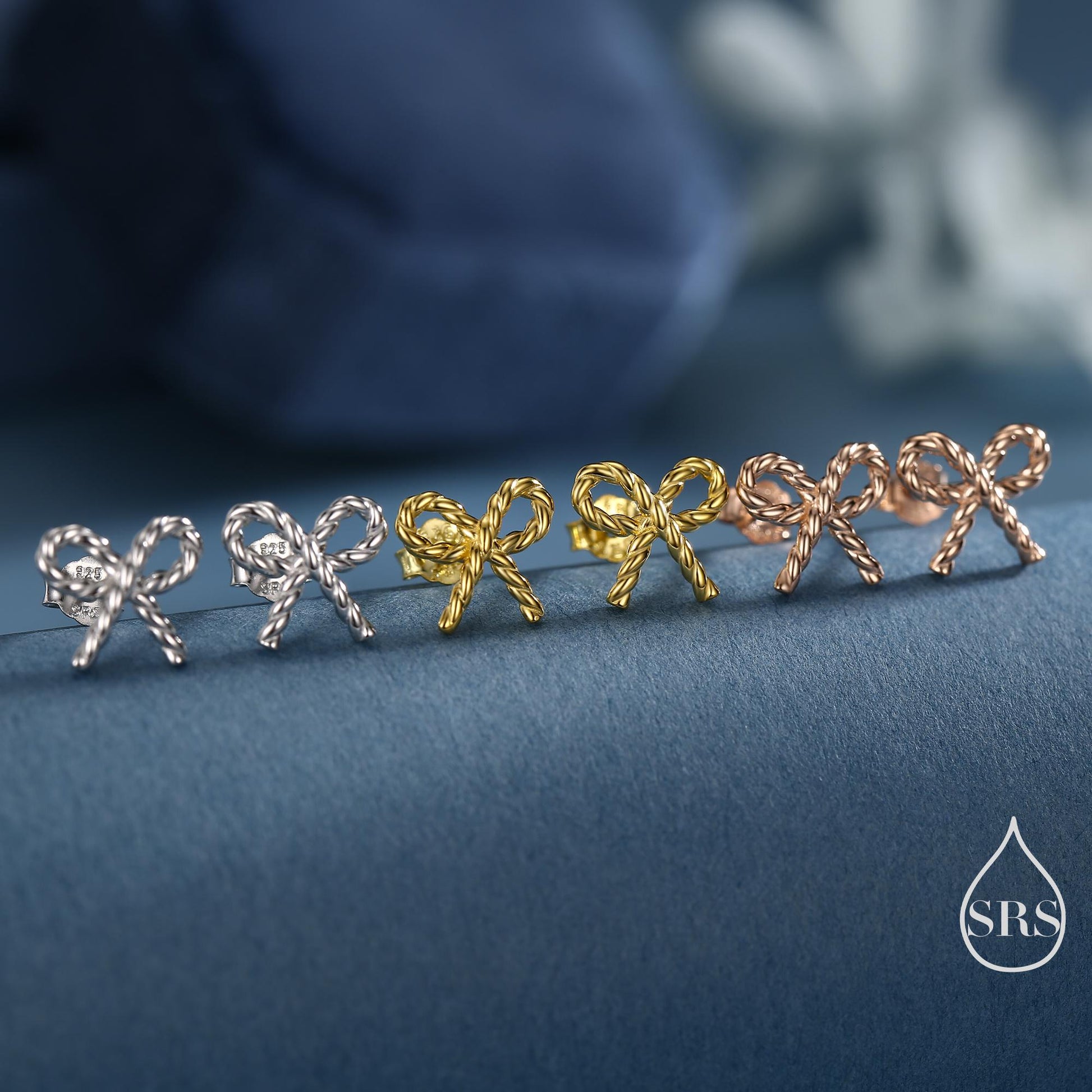 Braided Ribbon Bow Stud Earrings in Sterling Silver, Available in Silver, Gold or Rose Gold, Ribbon Earrings, Ribbon Bow Earrings