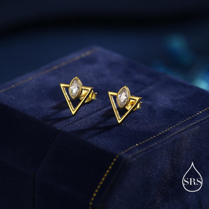 Sterling Silver Triangle and Marquise CZ Arrow Arrowhead Stud Earrings, Silver, Gold, Simple and Elegant Jewellery, Open Triangle Earrings