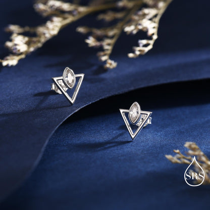 Sterling Silver Triangle and Marquise CZ Arrow Arrowhead Stud Earrings, Silver, Gold, Simple and Elegant Jewellery, Open Triangle Earrings