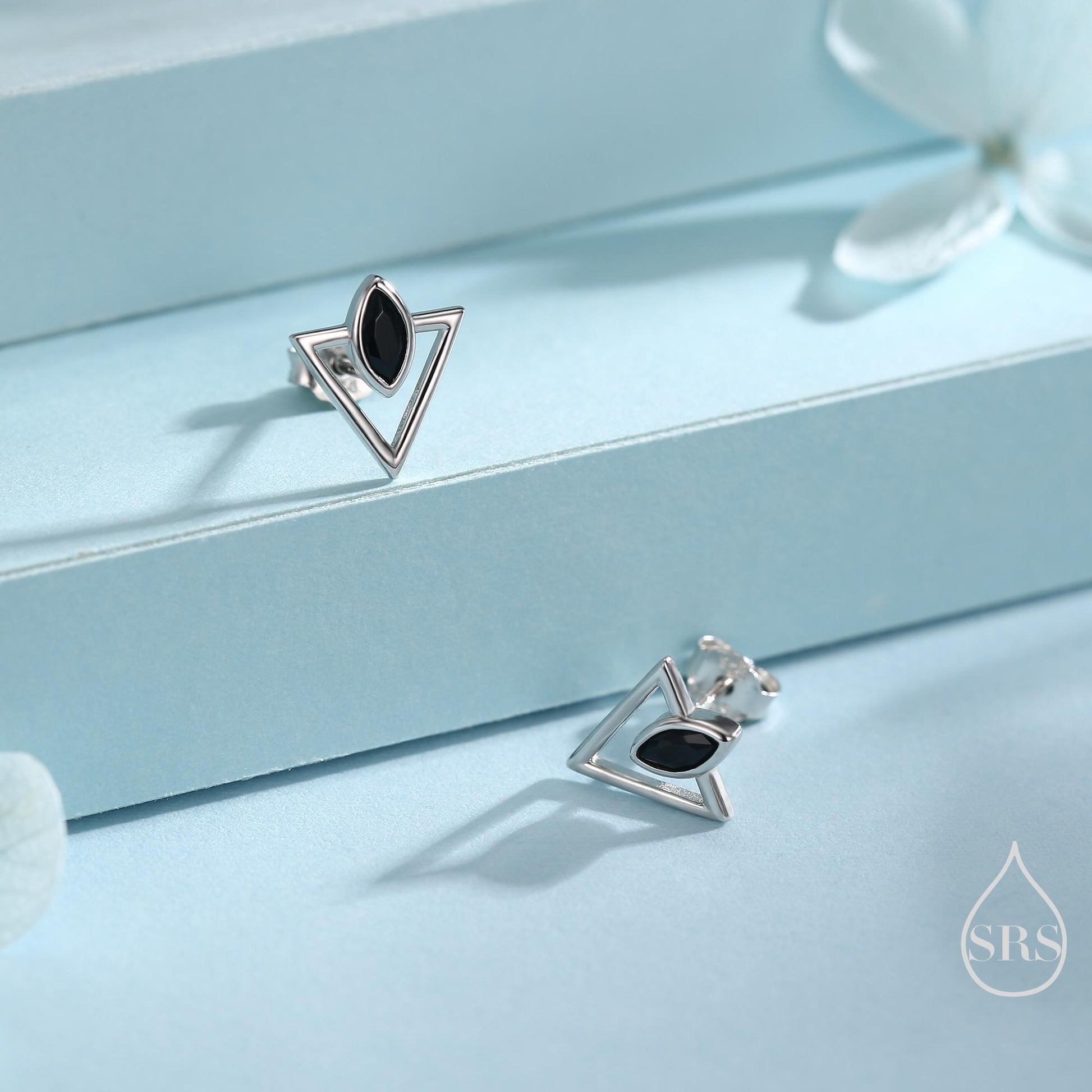 Sterling Silver Triangle and Black Marquise CZ Arrow Arrowhead Stud Earrings, Silver, Gold, Open Triangle Earrings