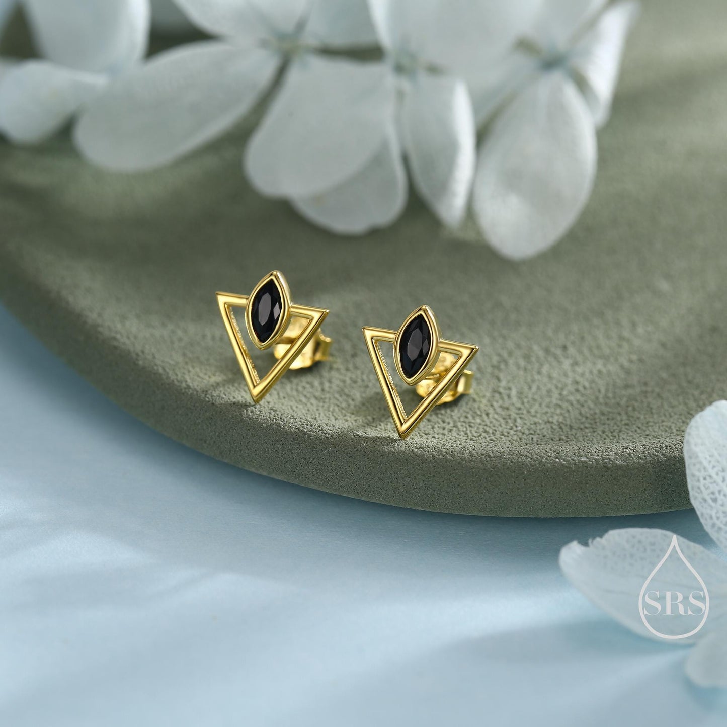 Sterling Silver Triangle and Black Marquise CZ Arrow Arrowhead Stud Earrings, Silver, Gold, Open Triangle Earrings