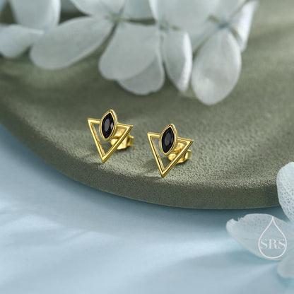Sterling Silver Triangle and Black Marquise CZ Arrow Arrowhead Stud Earrings, Silver, Gold, Open Triangle Earrings