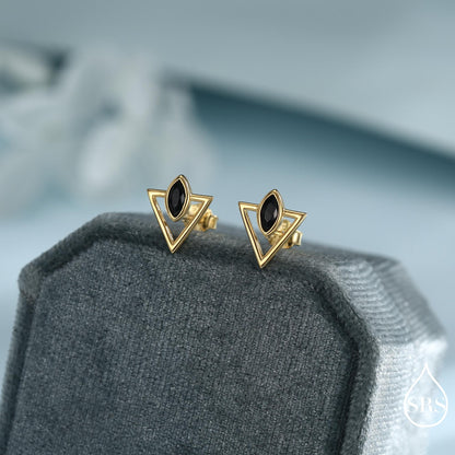 Sterling Silver Triangle and Black Marquise CZ Arrow Arrowhead Stud Earrings, Silver, Gold, Open Triangle Earrings