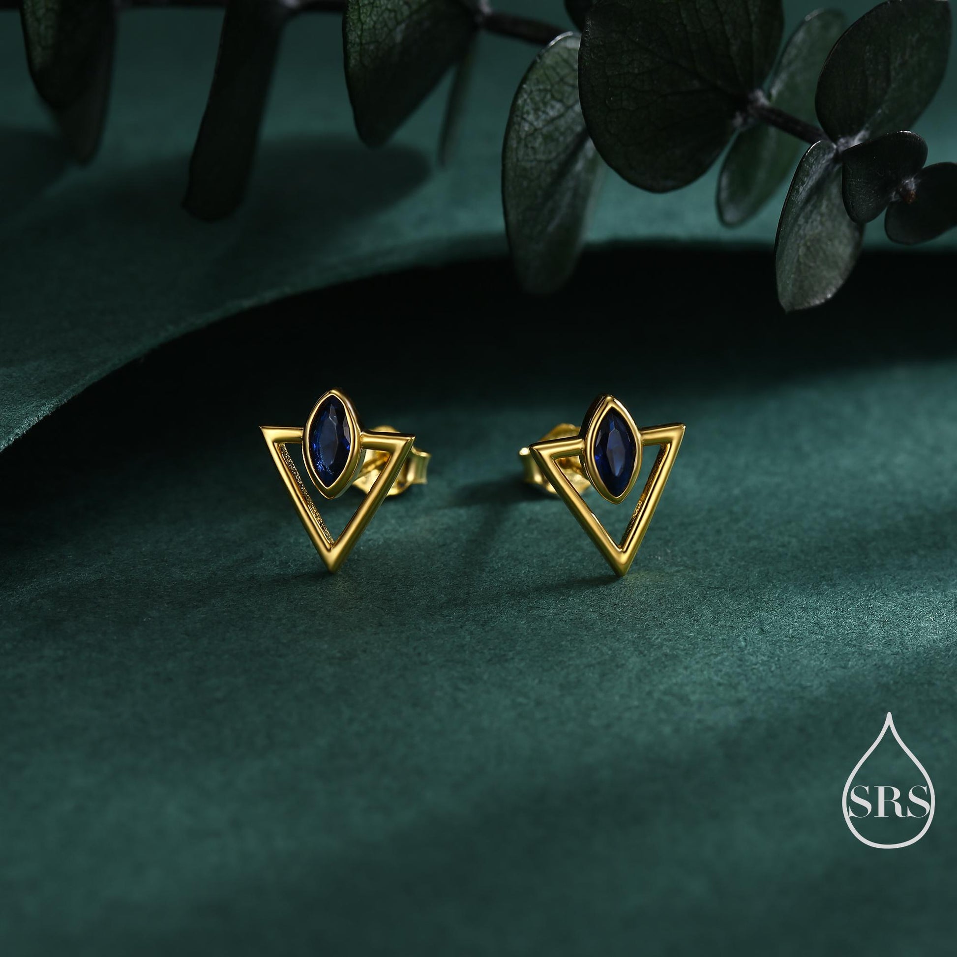 Sterling Silver Triangle and Sapphire Blue Marquise CZ Arrow Arrowhead Stud Earrings, Silver, Gold, Open Triangle Earrings