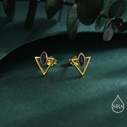 Sterling Silver Triangle and Sapphire Blue Marquise CZ Arrow Arrowhead Stud Earrings, Silver, Gold, Open Triangle Earrings