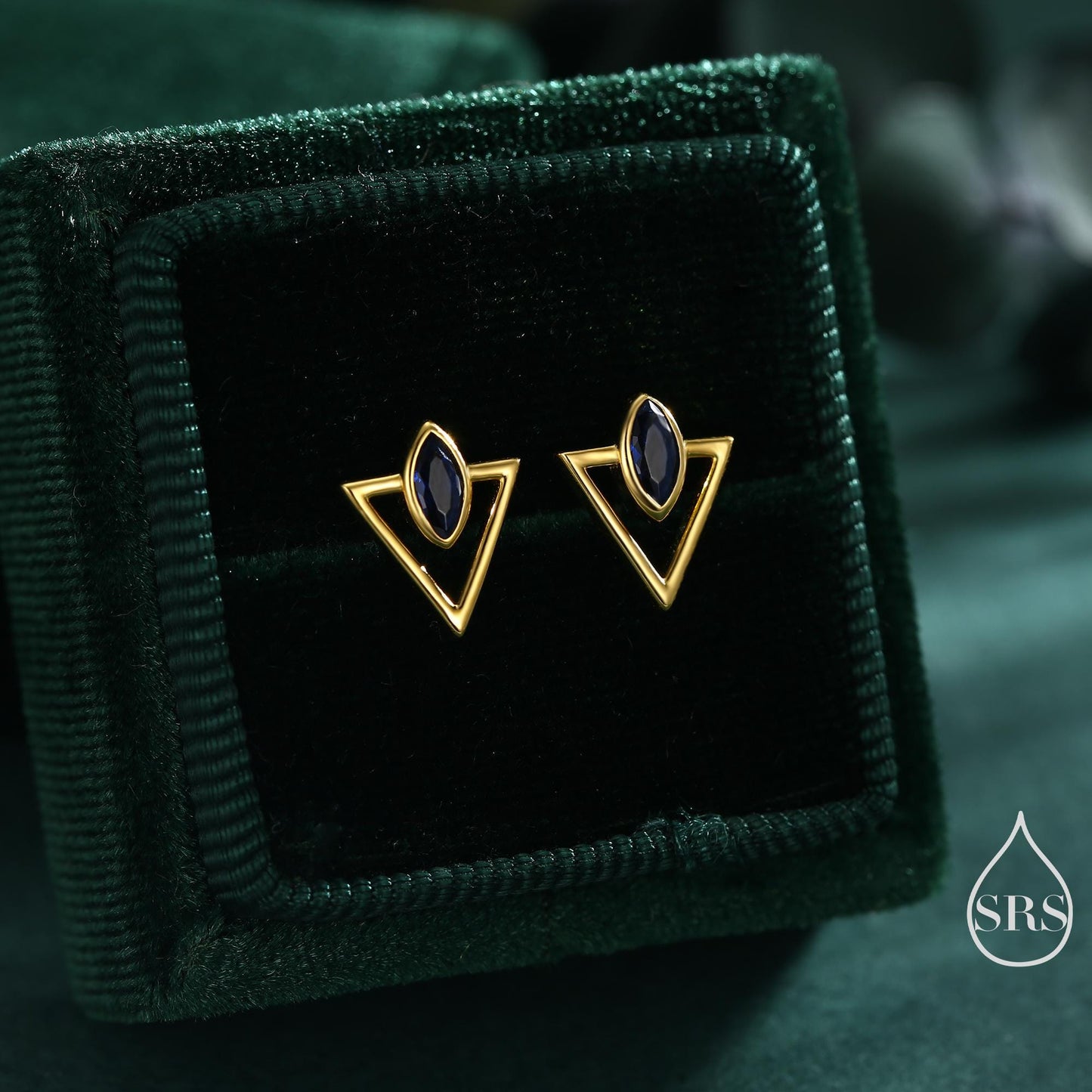 Sterling Silver Triangle and Sapphire Blue Marquise CZ Arrow Arrowhead Stud Earrings, Silver, Gold, Open Triangle Earrings