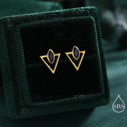 Sterling Silver Triangle and Sapphire Blue Marquise CZ Arrow Arrowhead Stud Earrings, Silver, Gold, Open Triangle Earrings