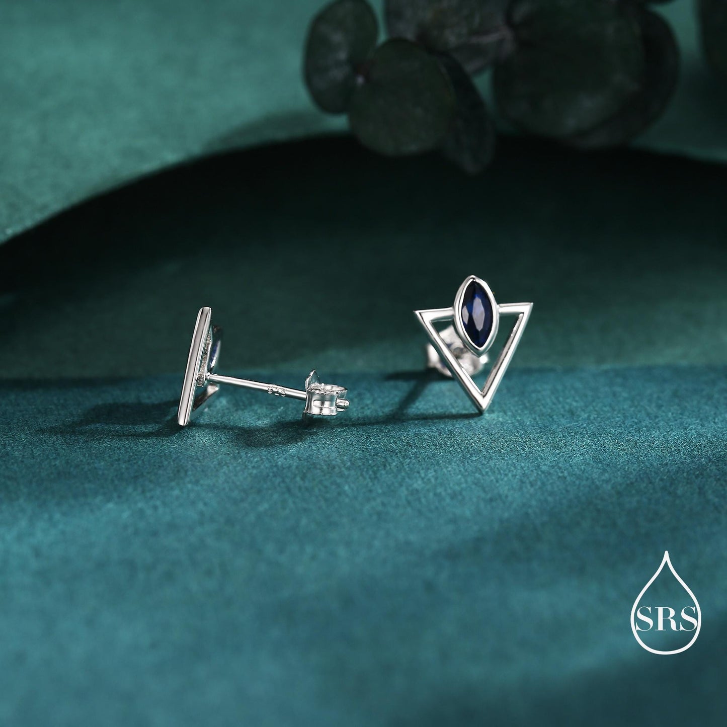 Sterling Silver Triangle and Sapphire Blue Marquise CZ Arrow Arrowhead Stud Earrings, Silver, Gold, Open Triangle Earrings