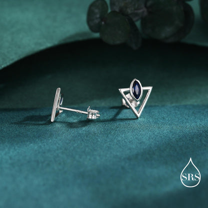 Sterling Silver Triangle and Sapphire Blue Marquise CZ Arrow Arrowhead Stud Earrings, Silver, Gold, Open Triangle Earrings