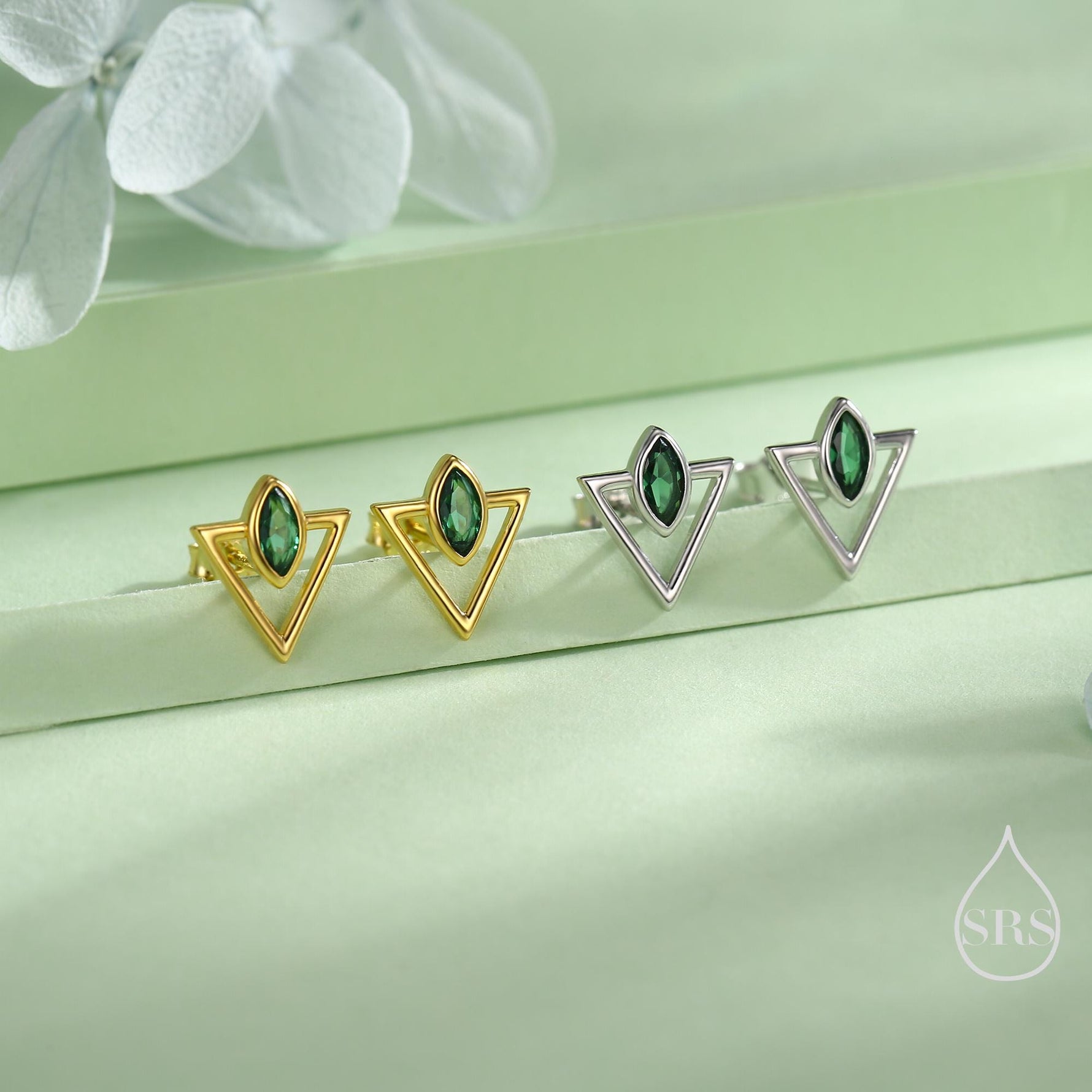 Sterling Silver Triangle and Emerald Green Marquise CZ Arrow Arrowhead Stud Earrings, Silver, Gold, Open Triangle Earrings