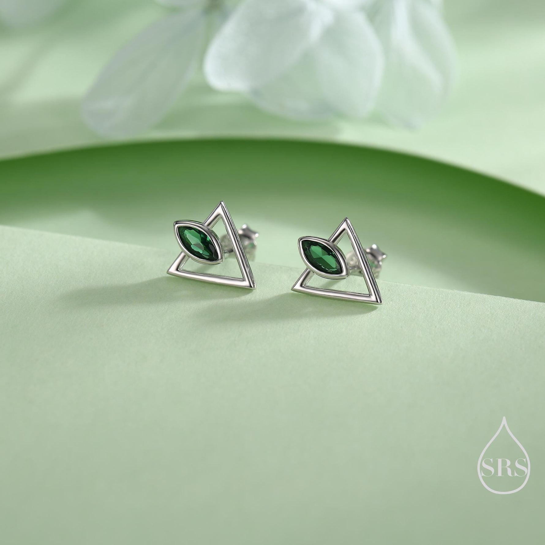Sterling Silver Triangle and Emerald Green Marquise CZ Arrow Arrowhead Stud Earrings, Silver, Gold, Open Triangle Earrings