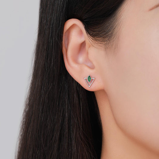 Sterling Silver Triangle and Emerald Green Marquise CZ Arrow Arrowhead Stud Earrings, Silver, Gold, Open Triangle Earrings