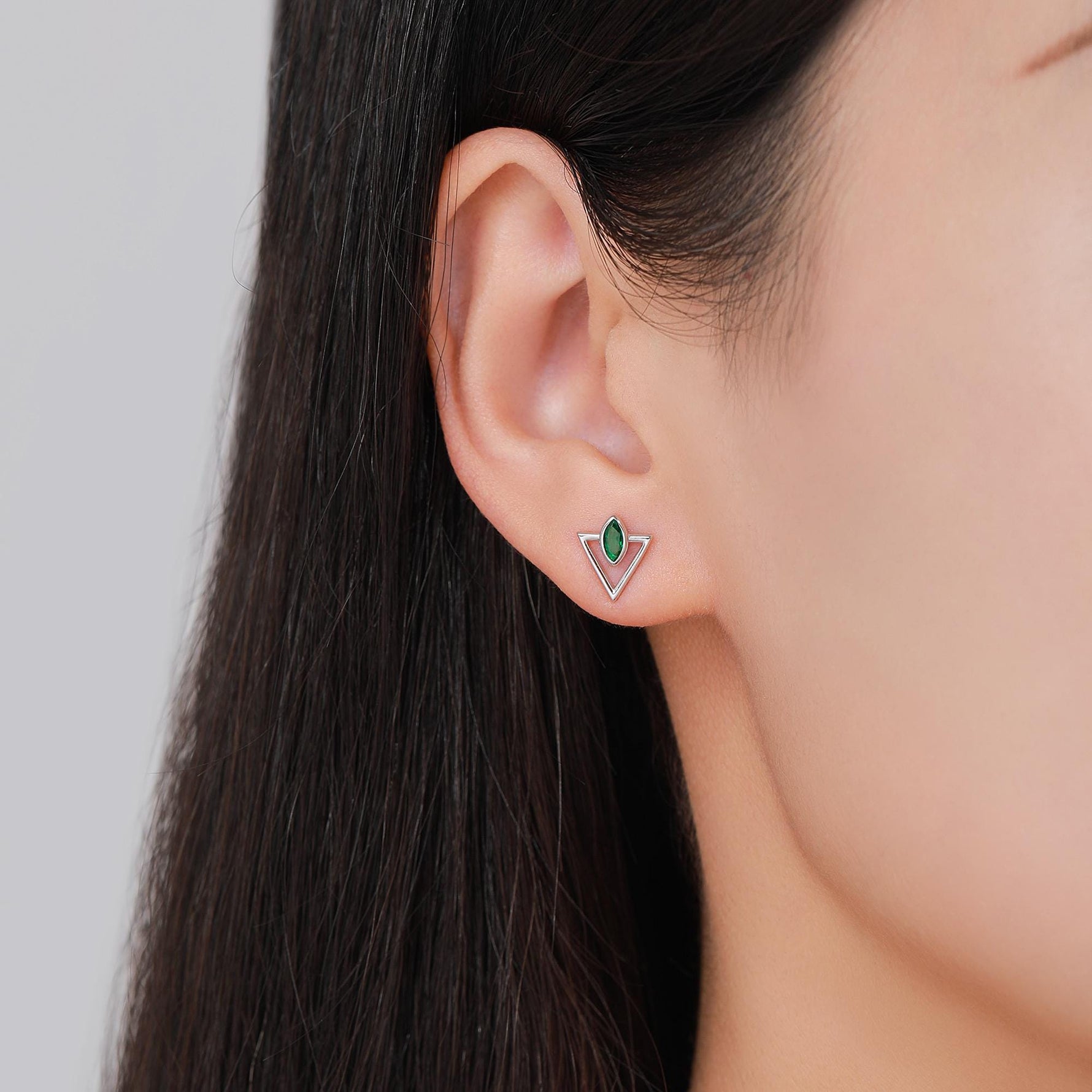 Sterling Silver Triangle and Emerald Green Marquise CZ Arrow Arrowhead Stud Earrings, Silver, Gold, Open Triangle Earrings