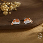 Enamel Prawn Sushi Stud Earrings in Sterling Silver - Silver or Gold Finish - Enamel Japanese Food Jewellery, Salmon Earrings