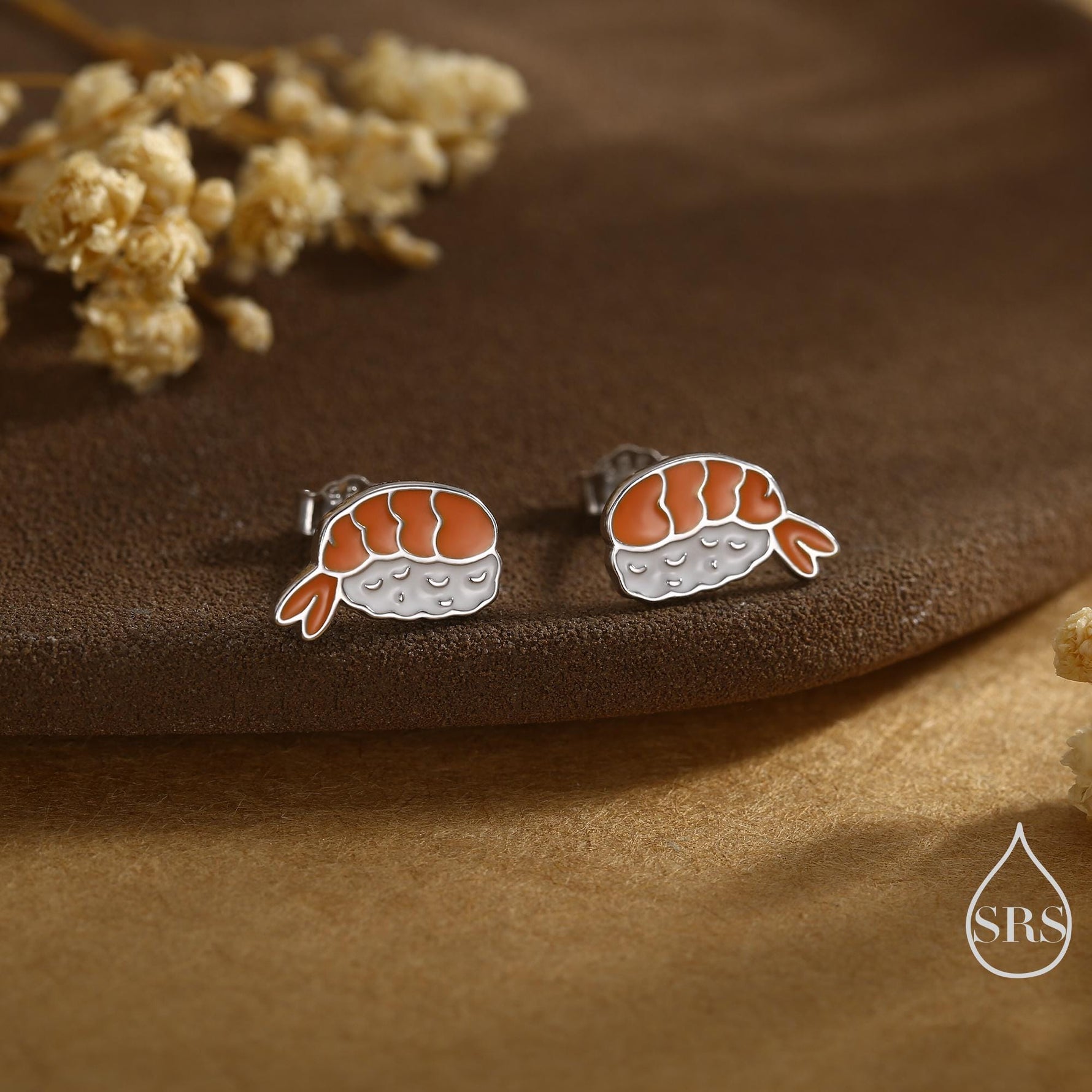 Enamel Prawn Sushi Stud Earrings in Sterling Silver - Silver or Gold Finish - Enamel Japanese Food Jewellery, Salmon Earrings