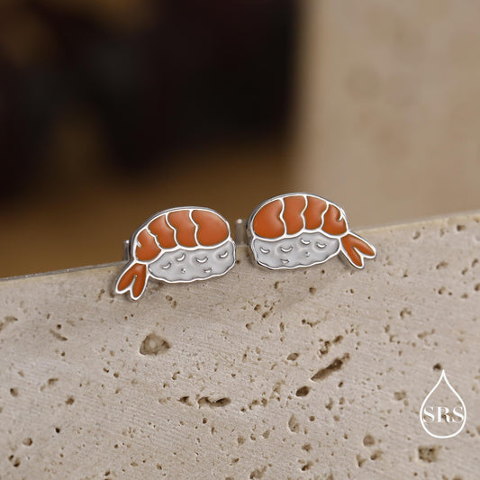 Enamel Prawn Sushi Stud Earrings in Sterling Silver - Silver or Gold Finish - Enamel Japanese Food Jewellery, Salmon Earrings