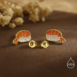 Enamel Prawn Sushi Stud Earrings in Sterling Silver - Silver or Gold Finish - Enamel Japanese Food Jewellery, Salmon Earrings