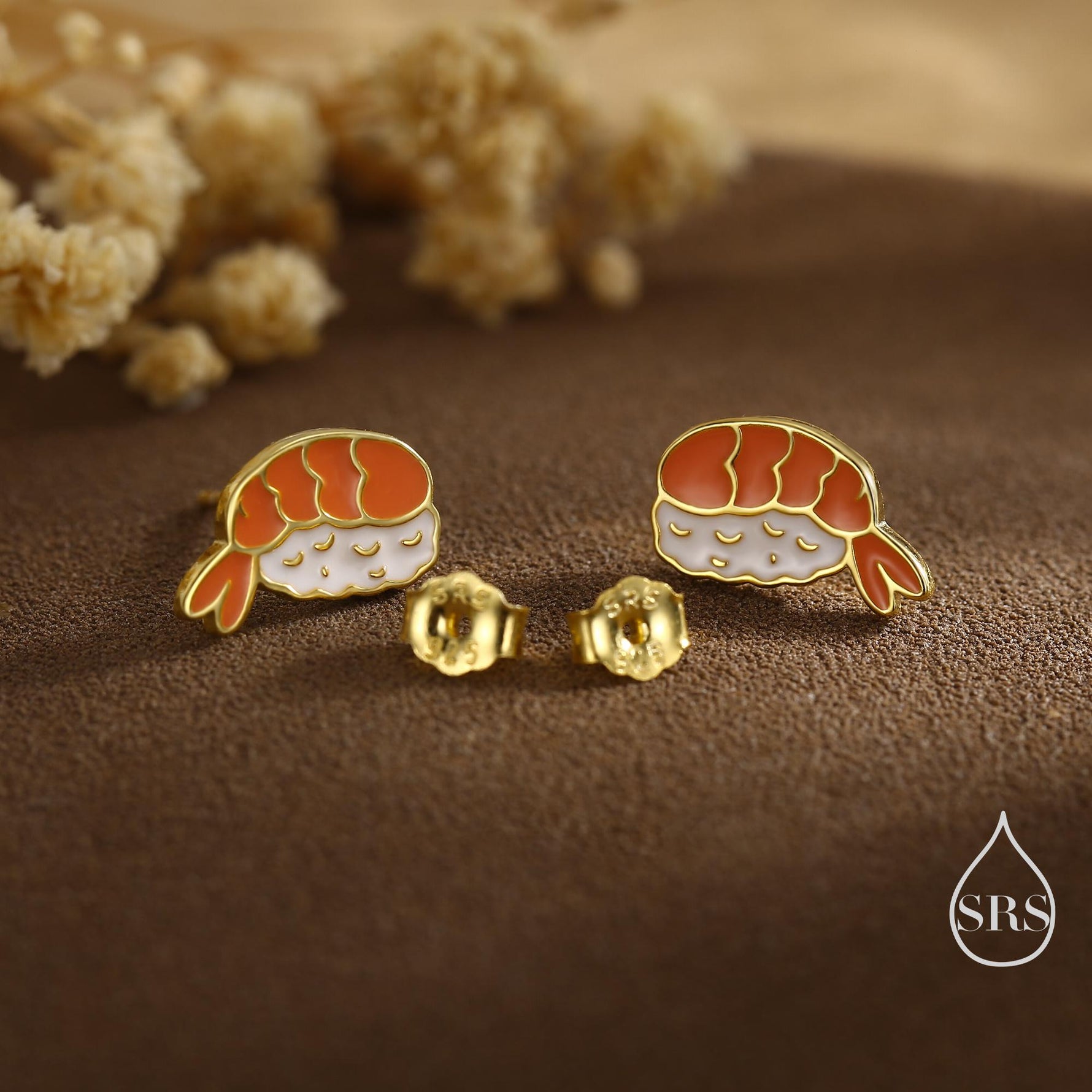 Enamel Prawn Sushi Stud Earrings in Sterling Silver - Silver or Gold Finish - Enamel Japanese Food Jewellery, Salmon Earrings