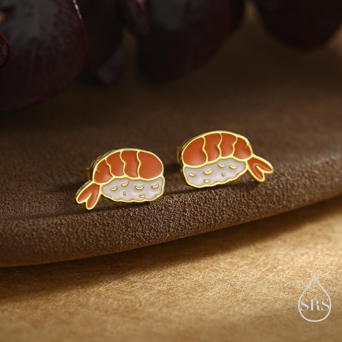 Enamel Prawn Sushi Stud Earrings in Sterling Silver - Silver or Gold Finish - Enamel Japanese Food Jewellery, Salmon Earrings