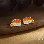 Enamel Prawn Sushi Stud Earrings in Sterling Silver - Silver or Gold Finish - Enamel Japanese Food Jewellery, Salmon Earrings