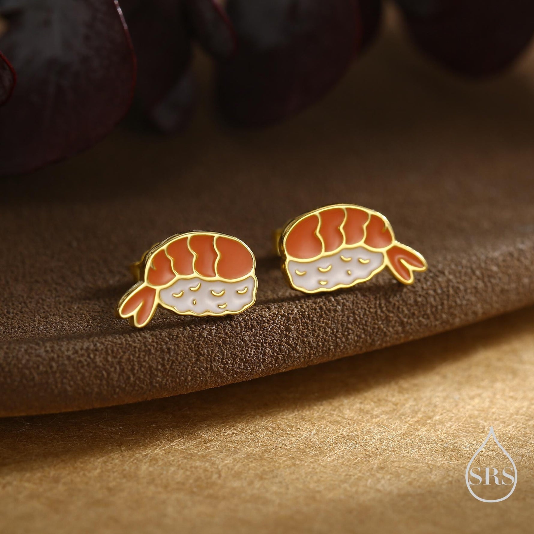 Enamel Prawn Sushi Stud Earrings in Sterling Silver - Silver or Gold Finish - Enamel Japanese Food Jewellery, Salmon Earrings