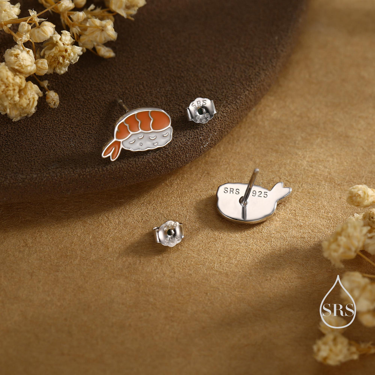 Enamel Prawn Sushi Stud Earrings in Sterling Silver - Silver or Gold Finish - Enamel Japanese Food Jewellery, Salmon Earrings