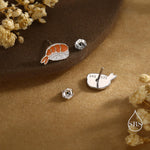 Enamel Prawn Sushi Stud Earrings in Sterling Silver - Silver or Gold Finish - Enamel Japanese Food Jewellery, Salmon Earrings