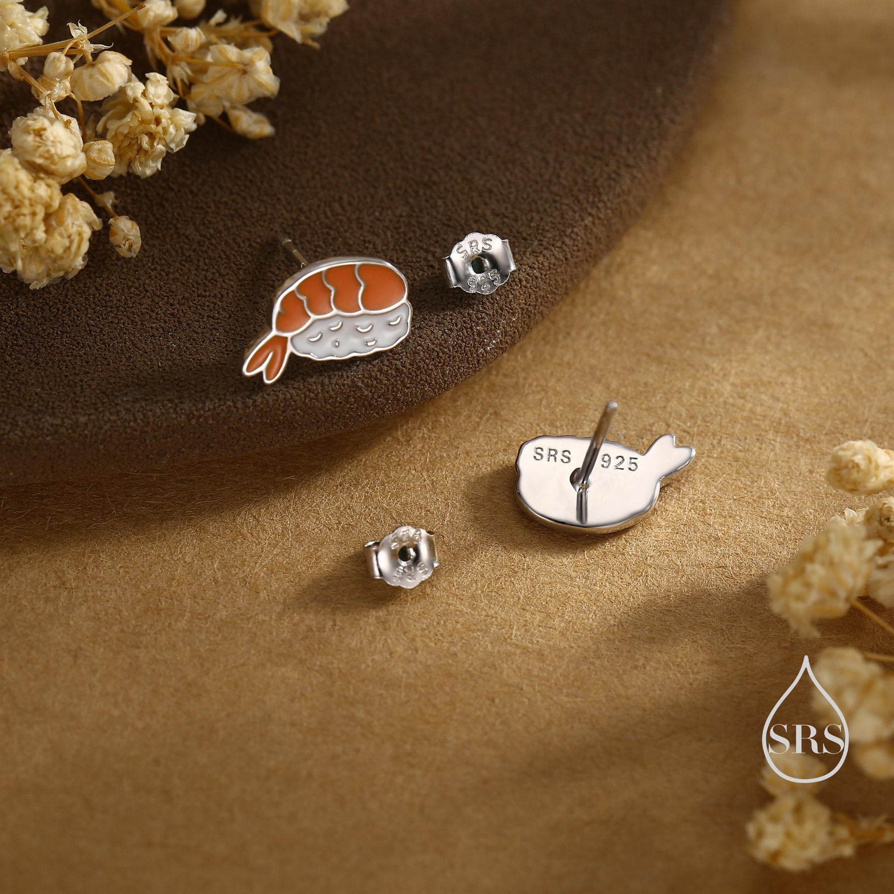 Enamel Prawn Sushi Stud Earrings in Sterling Silver - Silver or Gold Finish - Enamel Japanese Food Jewellery, Salmon Earrings