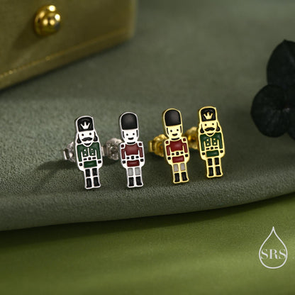 Sterling Silver Mismatched Nutcracker and British Guard Stud Earrings - Silver or Gold Finish - Enamel Nutcracker Earrings, London Earrings