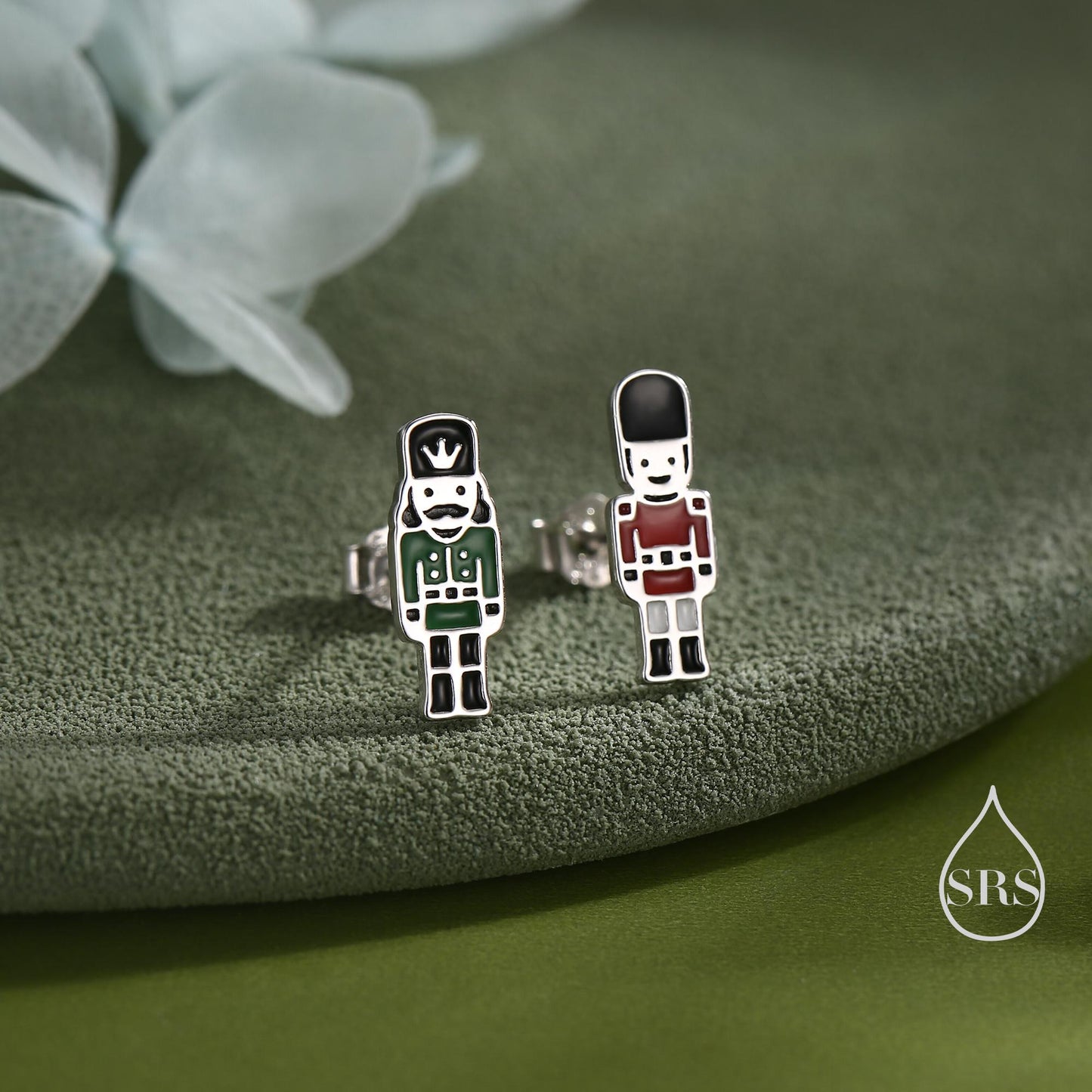 Sterling Silver Mismatched Nutcracker and British Guard Stud Earrings - Silver or Gold Finish - Enamel Nutcracker Earrings, London Earrings