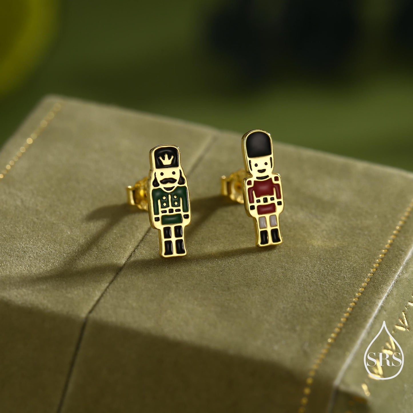 Sterling Silver Mismatched Nutcracker and British Guard Stud Earrings - Silver or Gold Finish - Enamel Nutcracker Earrings, London Earrings