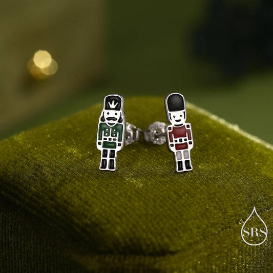 Sterling Silver Mismatched Nutcracker and British Guard Stud Earrings - Silver or Gold Finish - Enamel Nutcracker Earrings, London Earrings