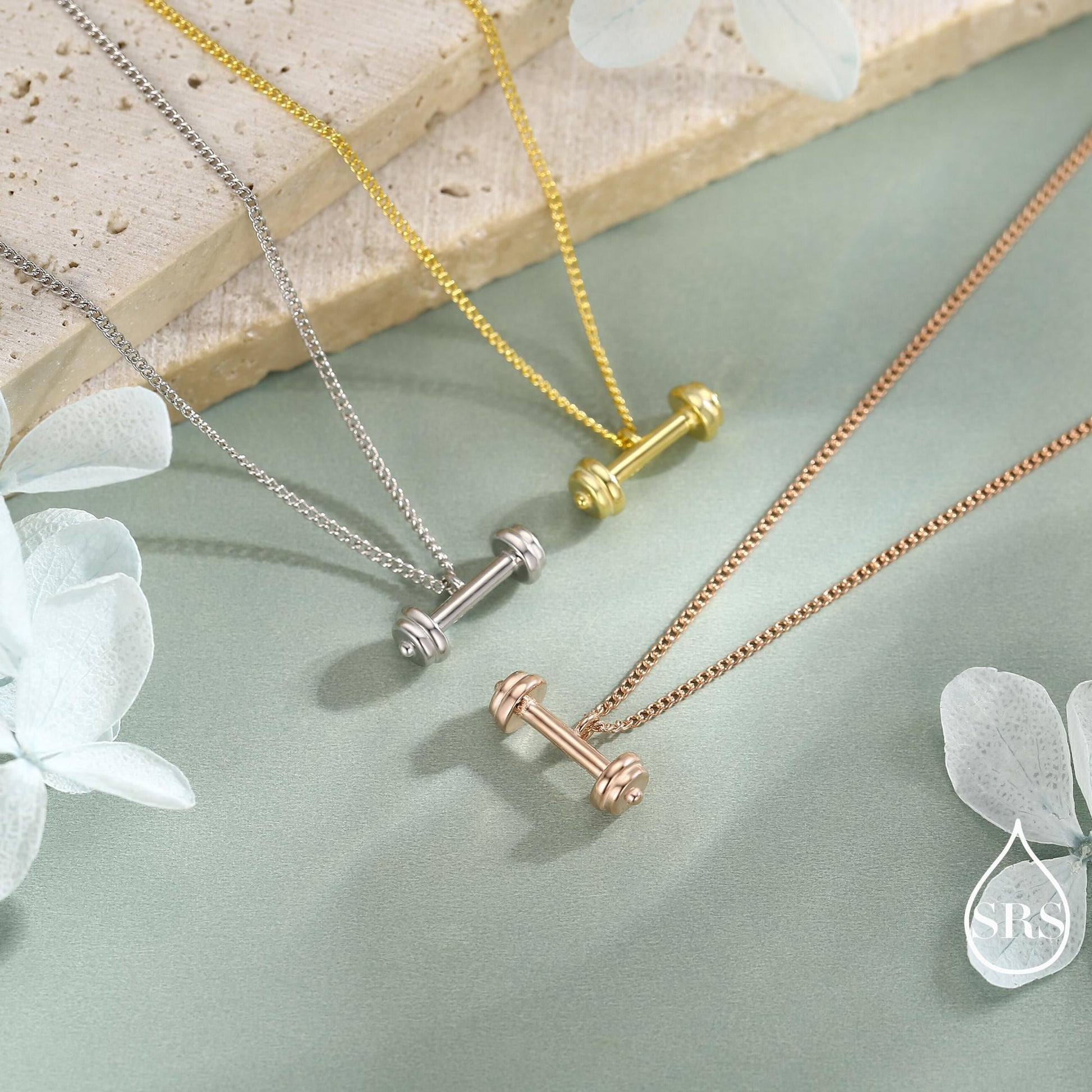 Delicate Dumbbell Pendant Necklace in Sterling Silver, Available in Silver, Gold or Rose Gold Finish, Tiny Dumbbell Weight Necklace