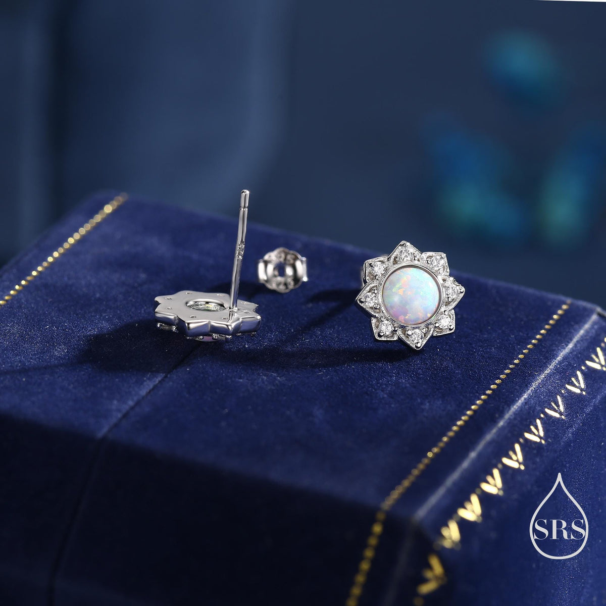 Vintage Inspired White Opal Flower CZ Stud Earrings, Lab Opal Halo CZ Earrings, Fire Opal Earrings, Vintage Style Opal CZ Earrings