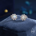 Vintage Inspired White Opal Flower CZ Stud Earrings, Lab Opal Halo CZ Earrings, Fire Opal Earrings, Vintage Style Opal CZ Earrings